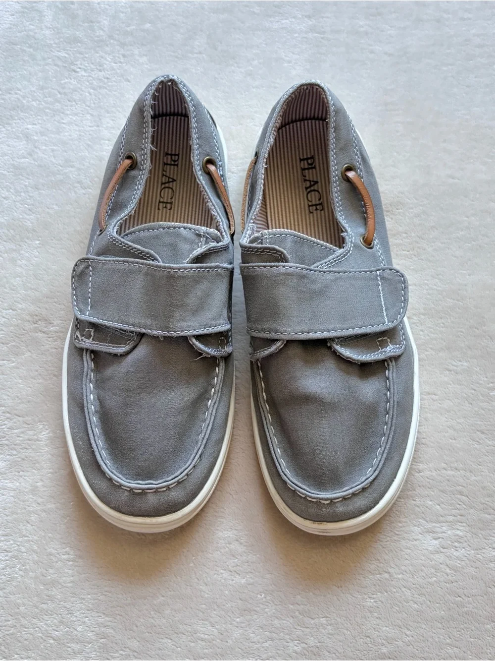 Children's Place Boys Gray Loafers - Slip On Boat Shoes W/ Velcro Strap, Size 3